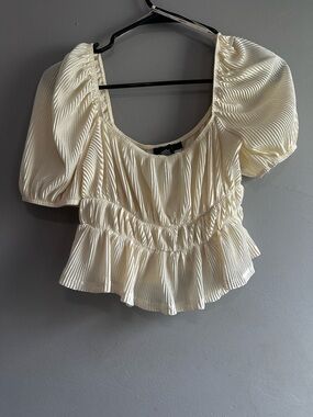 Forever 21 Ivory Puff-Sleeve Smocked Peplum Top